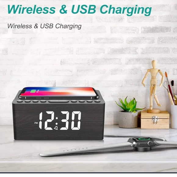 ANJANK Wooden Digital Alarm Clock FM WIRELESS SMARTPHONES CHARGER - Picture 11 of 14